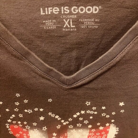 Women's LIFE IS GOOD T Shirt, Size XL, Blue, V Neck, Heart of front, Good Con! - Picture 2 of 3